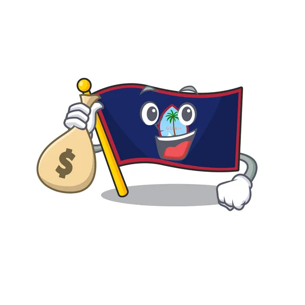 Personaje de dibujos animados guam bandera rica feliz con bolsa de dinero — Vector de stock