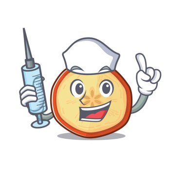 Gülen hemşire elma cipsi, şırıngalı çizgi film karakteri.