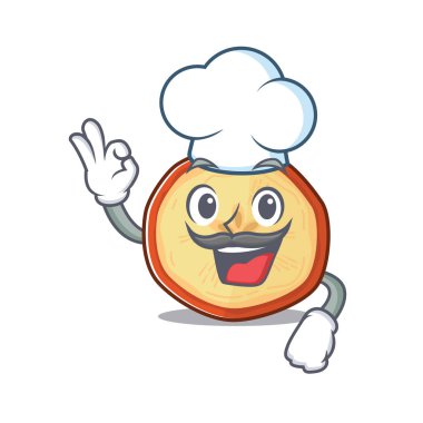 Elma cipsi çizgi film karakteri, şef kostümü ve beyaz şapka giyiyor.