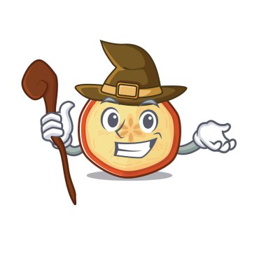 Cadı gibi giyinmiş elma cipslerinin maskot stili.
