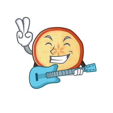 Gitarlı bir elma cipsi maskotu.