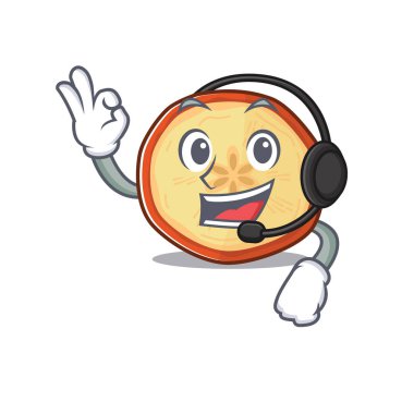 Smiley elma cipsi çizgi film karakteri tasarımı kulaklık takıyor.