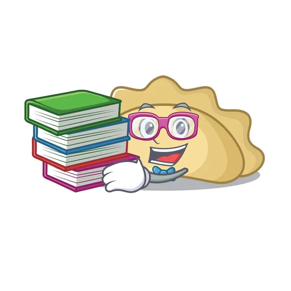 Cool and clever Student pierogi mascot cartoon with book — 스톡 벡터