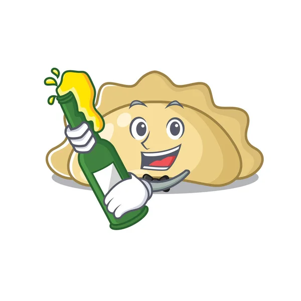 Projekt kreskówki maskotka pierogi z butelką piwa — Wektor stockowy