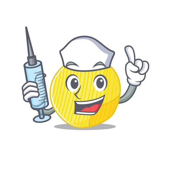 Smiley Nurse brambůrky karikatura postava s injekční stříkačkou — Stockový vektor