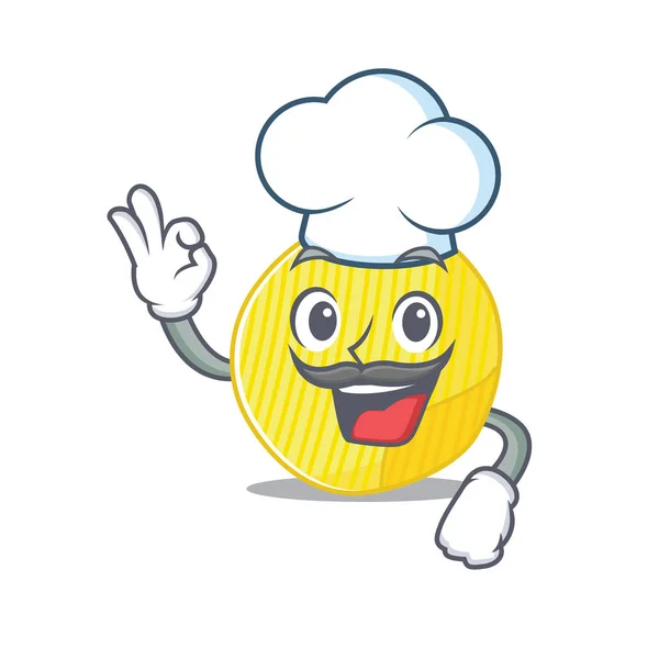 Papas fritas personaje de dibujos animados con traje de chef y sombrero blanco — Vector de stock