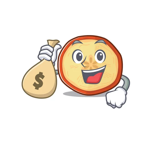 Happy rijke appel chips cartoon karakter met geld zak — Stockvector