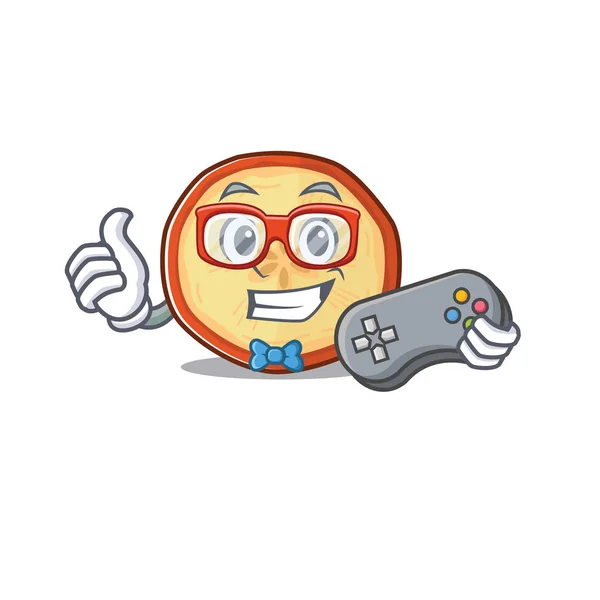 Smiley gamer chips de maçã estilo mascote desenhos animados — Vetor de Stock
