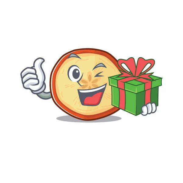 Smiley chips de manzana carácter con caja de regalo — Vector de stock