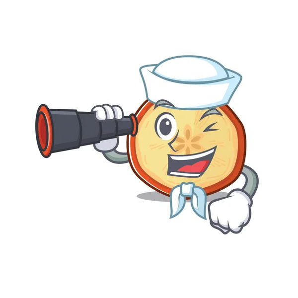 Apple chips cartoon gelukkig Sailor stijl met verrekijker — Stockvector