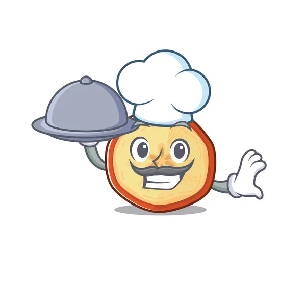 Desenho animado de chips de maçã como um Chef ter comida na bandeja — Vetor de Stock