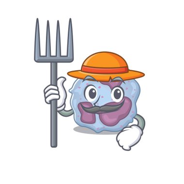 Neşeli Çiftçi lökosit hücre karikatür resmi şapka ve aletlerle