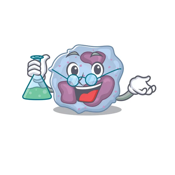 Smart professor leukocyt cell tecknad karaktär med glasrör — Stock vektor