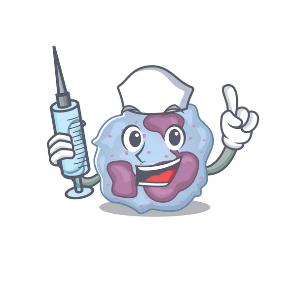 Smiley Nurse leukocyte cell cartoon character with a syringe — 스톡 벡터