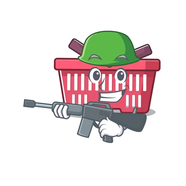 Um desenho animado da cesta de compras Exército com metralhadora — Vetor de Stock