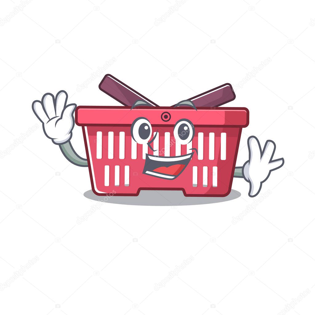 Waving friendly shopping basket cartoon character design