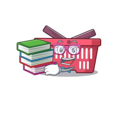 Havalı ve zeki öğrenci alışveriş sepeti maskotu çizgi filmi.