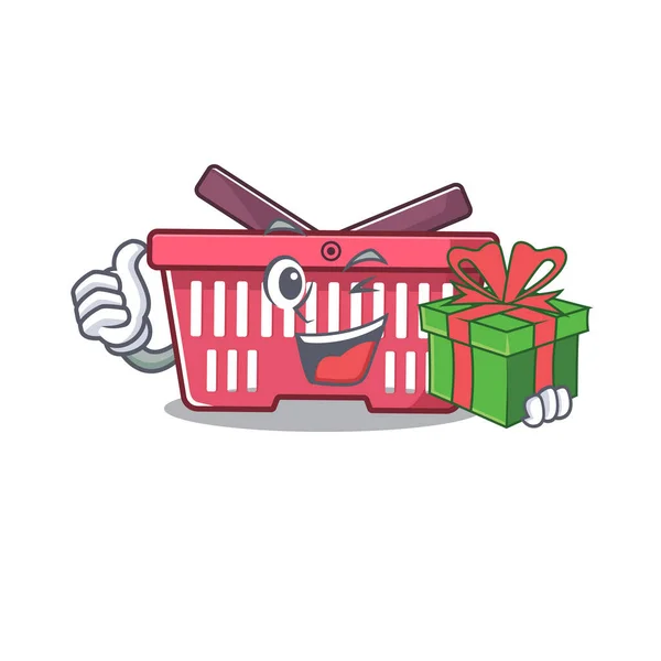 Smiley shopping basket character with gift box — 스톡 벡터