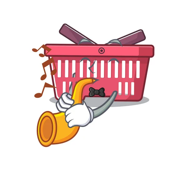 Personaje de dibujos animados estilo de cesta de la compra de rendimiento con trompeta — Archivo Imágenes Vectoriales