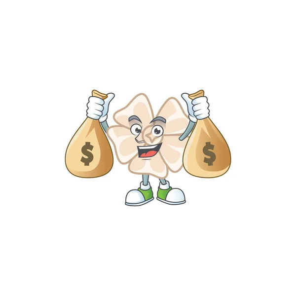 Una imagen del rico personaje chino de dibujos animados de flores blancas con dos bolsas de dinero — Vector de stock