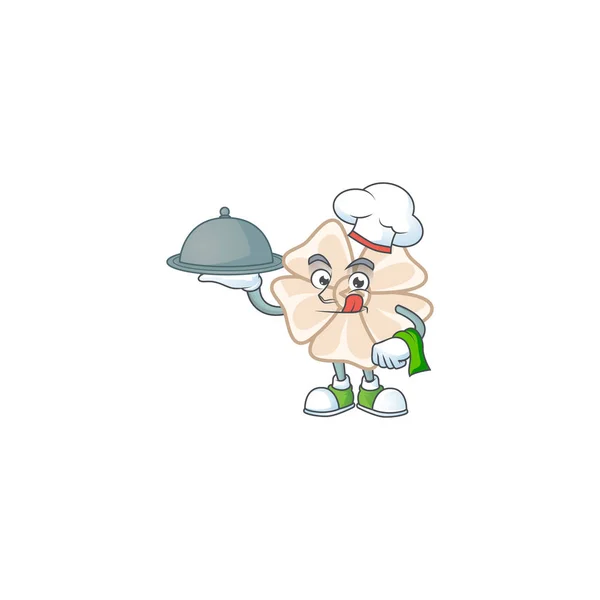 Diseño de dibujos animados de flor blanca china como chef que tiene comida en bandeja — Vector de stock