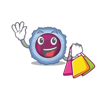 Mutlu zengin bir lenfosit hücresi el sallıyor ve alışveriş torbasını tutuyor.