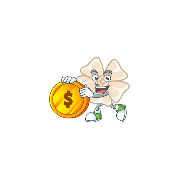 Rico chinês branco flor mascote desenho animado estilo com moeda de ouro — Vetor de Stock