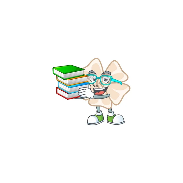 Fresco e intelligente studente cinese bianco fiore mascotte cartone animato con libro — Vettoriale Stock