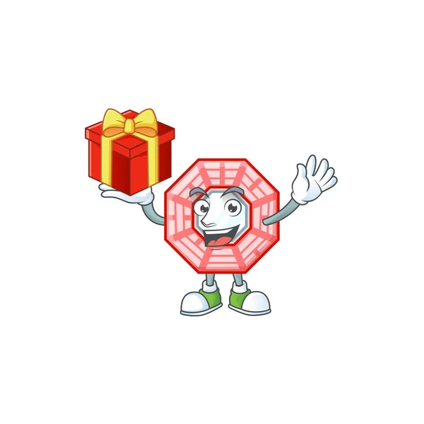 Glad ansikte kinesisk fyrkantig feng suicartoon karaktär med en låda med gåva — Stock vektor