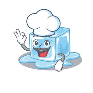 Aşçı kostümü ve beyaz şapka giyen buz küpü çizgi film karakteri.