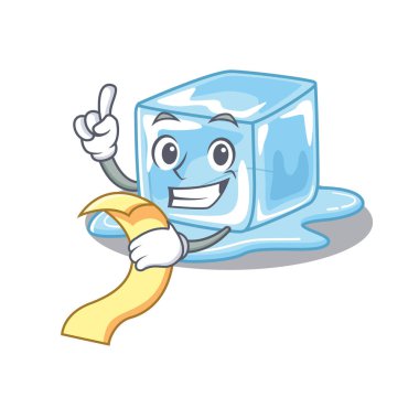 Menüsü olan komik bir buz küpü karakteri.