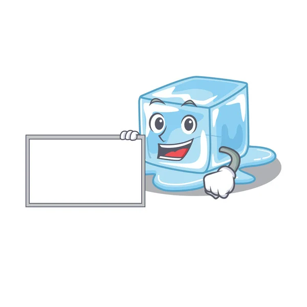 Cubo de gelo engraçado desenho animado estilo de design de personagem com placa —  Vetores de Stock
