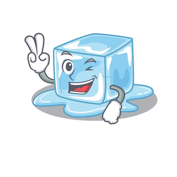 Smiley mascota del cubo de hielo de dibujos animados Personaje con dos dedos — Vector de stock