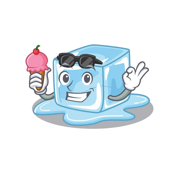 Cubo de hielo mascota diseño de dibujos animados con helado — Vector de stock