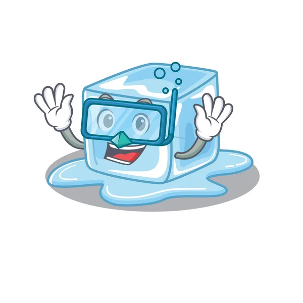 Personaje de dibujos animados de cubo de hielo con gafas de buceo — Vector de stock