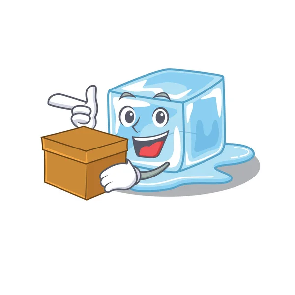 Lindo personaje de dibujos animados cubo de hielo que tiene una caja — Vector de stock