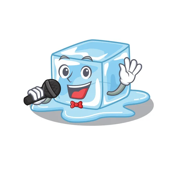 Happy ice cube singing on a microphone — Stock Vector