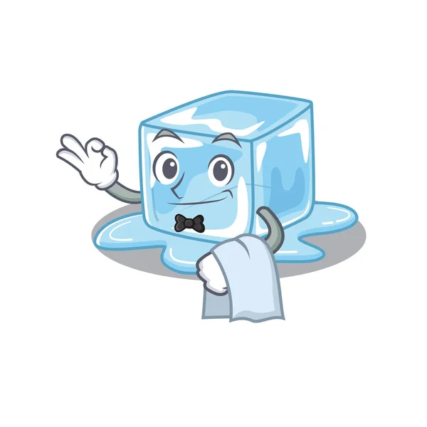 Cubo de hielo amistoso Caracter stand as a Waiter character — Archivo Imágenes Vectoriales