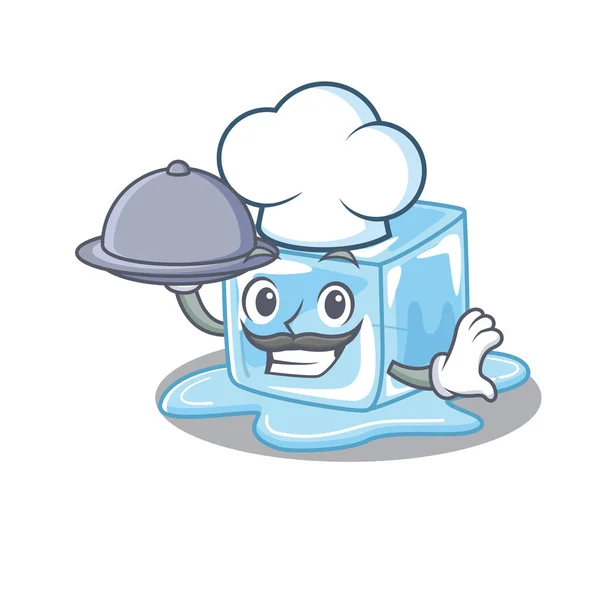 Desenho animado de cubo de gelo como um Chef ter comida na bandeja —  Vetores de Stock
