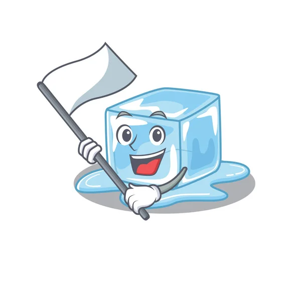 Cubo de gelo engraçado desenho animado estilo personagem segurando uma bandeira de pé —  Vetores de Stock