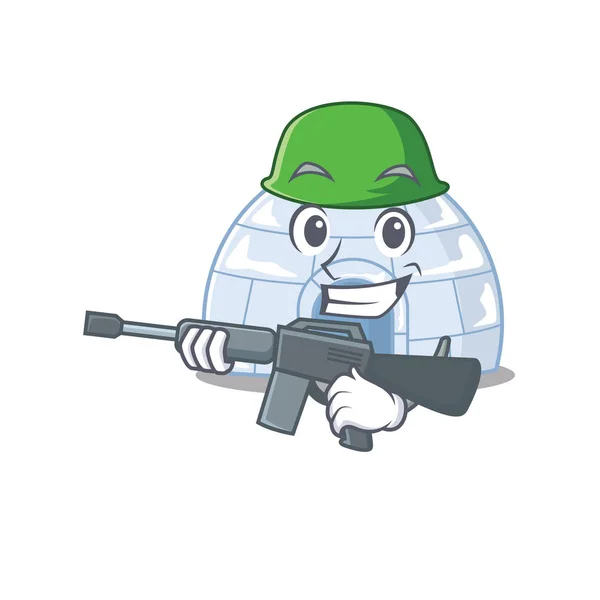 A cartoon design of igloo Army with machine gun — 스톡 벡터