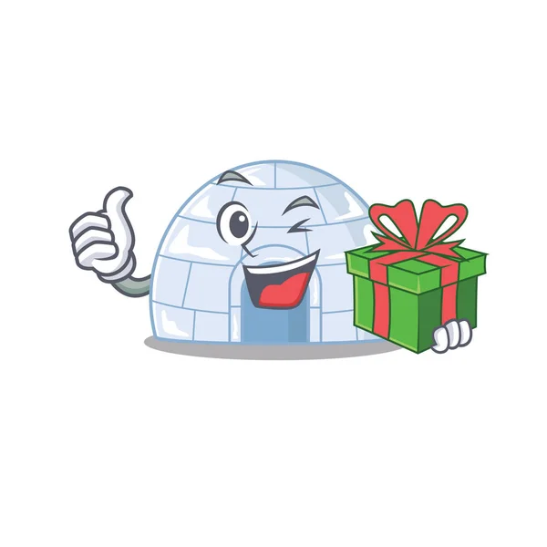 Smiley igloo character with gift in box — Stock Vector