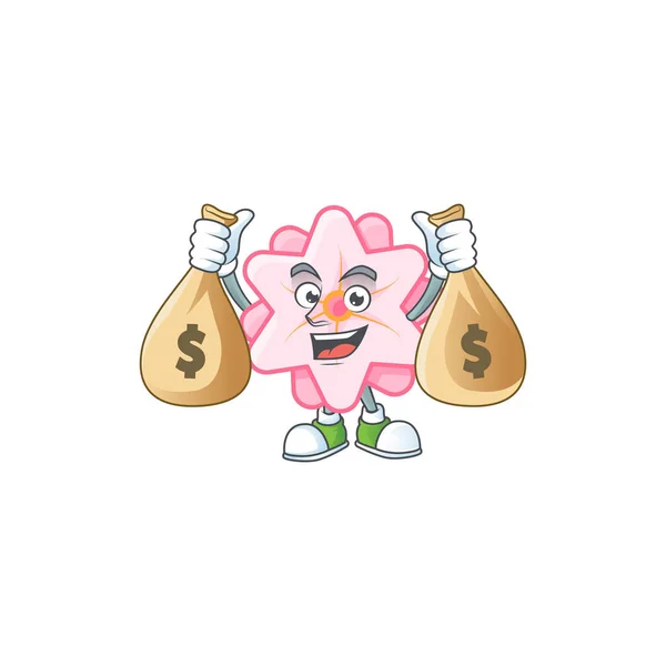 A picture of rich chinese pink flower cartoon character with two money bags — Stock Vector