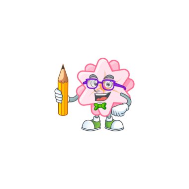 Öğrenci Çince pembe çiçek karakteri kalem tutuyor.