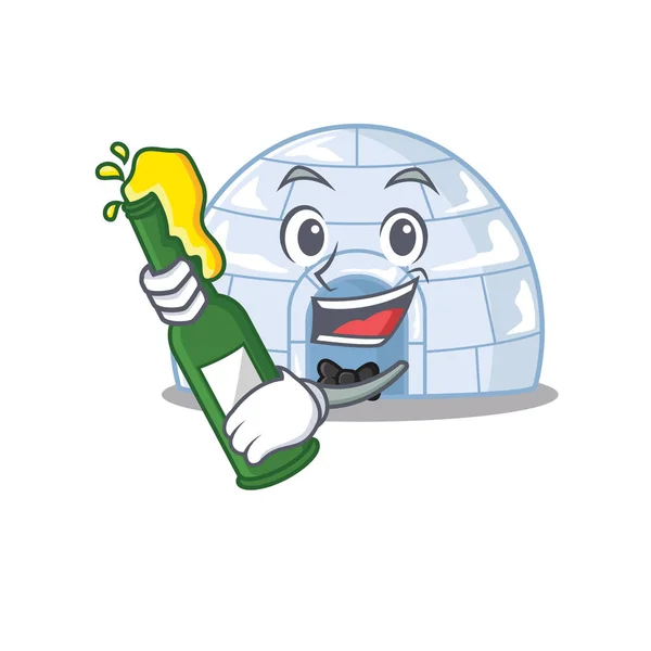 Mascote desenho animado de iglu com garrafa de cerveja —  Vetores de Stock