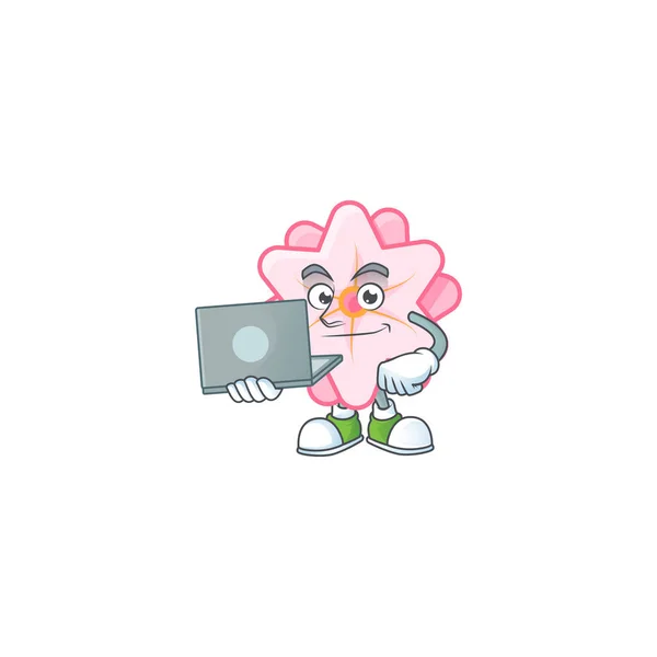 Sprytny chiński różowy kwiat postać maskotki pracy z laptopem — Wektor stockowy