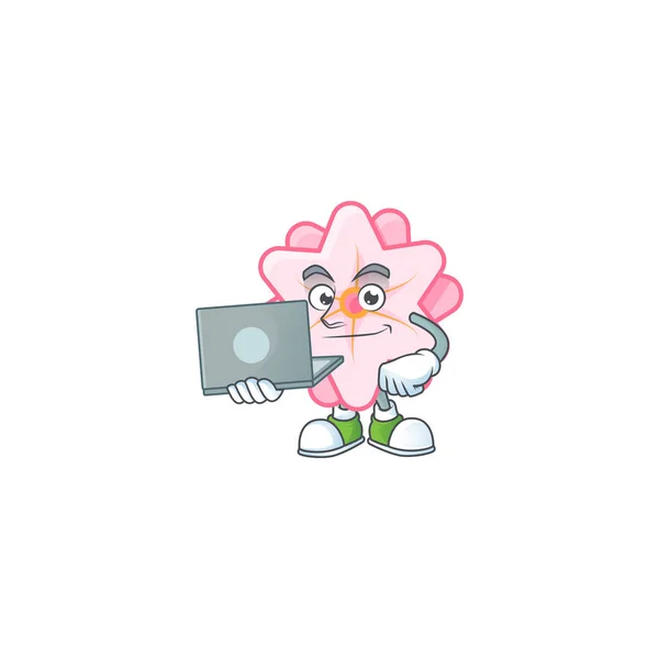 Un habile personnage de mascotte de fleur rose chinois travaillant avec un ordinateur portable — Image vectorielle