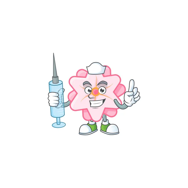 Smiley Nurse chinese pink flower cartoon character with a syringe — Stock Vector