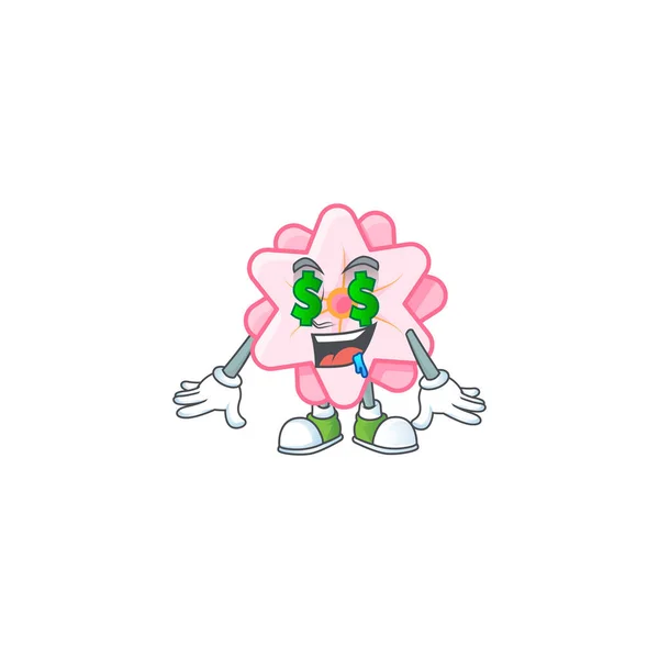 Feliz flor rosa chinesa rica com dinheiro olho desenho animado personagem estilo —  Vetores de Stock