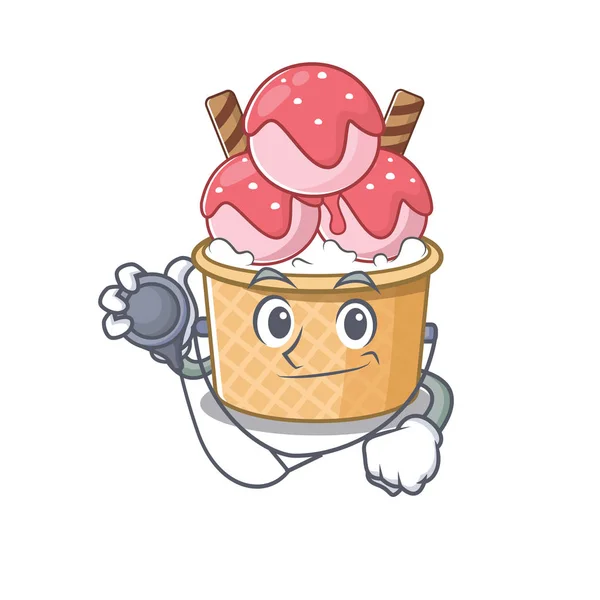 Inteligente y fresco helado sundae personaje de dibujos animados en un Doctor con herramientas — Archivo Imágenes Vectoriales